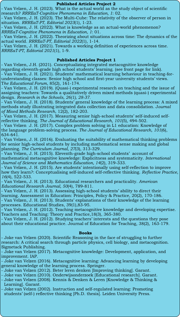                                       Published Articles Project 2
- Van Velzen, J. H. (2023). What is the actual world as the study object of scientific research? RRREaT-Cognitive Phenomena in Education, 1: 02.
- Van Velzen, J. H. (2023). The Multi-Cube: The relativity of the observer of person in situation. RRREaT-PT, Editorial 2023(1), 1-23.
- Van Velzen, J. H. (2022). What is knowledge as an actual-world phenomenon? RRREaT-Cognitive Phenomena in Education, 1: 01. 
- Van Velzen, J. H. (2022). Theorizing about situations across time: The dynamics of the actual world. RRREaT-PT, Editorial 2022(1), 1-14.
- Van Velzen, J. H. (2021). Towards a working definition of experiences across time. RRREaT-PT, Editorial 2021(1), 1-9. 

                                        Published Articles Project 1   
- Van Velzen, J.H. (2021). Conceptualizing integrated metacognitive knowledge regarding eleventh-grade high school students’ learning. (see front page for link).    
- Van Velzen, J. H. (2021). Students’ mathematical learning behaviour in teaching-for-
understanding classes: Senior high school and first-year university students’ views. 
The Educational Forum, 85(2), 161-174.
- Van Velzen, J. H. (2019). (Quasi-) experimental research on teaching and the issue of assigning teachers: Towards a qualitatively driven mixed methods (quasi-) experimental design. Research in the Schools, 26(1), 28-37. 
- Van Velzen, J. H. (2018). Students’ general knowledge of the learning process: A mixed methods study illustrating integrated data collection and data consolidation. Journal 
of Mixed Methods Research, 12(2), 182-203.
- Van Velzen, J. H. (2017). Measuring senior high-school students’ self-induced self-
reflective thinking. The Journal of Educational Research, 101(5), 494-502.
- Van Velzen  J. H. (2017). Complex problem solving in L1 education: Knowledge of 
the language problem-solving process. The Journal of Educational Research, 101(6), 634-641.
- Van Velzen, J. H. (2016). Evaluating the suitability of mathematical thinking problems for senior high-school students by including mathematical sense making and global planning. The Curriculum Journal, 27(3), 313-329.
- Van Velzen, J. H. (2015). Eleventh-grade high-school students’  account of mathematical metacognitive knowledge: Explicitness and systematicity. International Journal of Science and Mathematics Education, 14(2), 319-333.
- Van Velzen, J. H. (2015). Are students’ intentionally using self-reflection to improve how they learn?: Conceptualising self-induced self-reflective thinking. Reflective Practice, 16(4), 522-533. 
- Van Velzen, J. H. (2013). Educational researchers and practicality. American Educational Research Journal, 50(4), 789-811.
- Van Velzen, J. H. (2013). Assessing high-school students’ ability to direct their learning. Assessment in Education: Principles, Policy & Practice, 20(2), 170-186.
- Van Velzen, J. H. (2013). Students’ explanations of their knowledge of the learning processes. Educational Studies, 39(1),83-95.
- Van Velzen, J. H. (2012). Teaching metacognitive knowledge and developing expertise. Teachers and Teaching: Theory and Practice,18(3), 365-380. 
- Van Velzen, J. H. (2012). Studying teachers’ interests and the questions they pose about their educational practice. Journal of Education for Teaching, 38(2), 163-179. 

                                                        Books
- Joke van Velzen (2020). Scientific Reasoning in the face of struggling to further research: A critical search through particle physics, cell biology, and metacognition. Sigmetack Publishing.
- Joke van Velzen (2017). Metacognitive knowledge: Development, application, and improvement. IAP.
- Joke van Velzen (2016). Metacognitive learning: Advancing learning by developing general knowledge of the learning process. Springer. 
Joke van Velzen (2012). Beter leren denken [Improving thinking]. Garant.
Joke van Velzen (2010). Onderwijsonderzoek [Educational research]. Garant.
Joke van Velzen (2008). Kennis & Denken & Leren [Knowledge & Thinking & Learning]. Garant. 
Joke van Velzen (2002). Instruction and self-regulated learning: Promoting students’ (self-) reflective thinking [Ph.D. thesis]. Leiden University Press. 